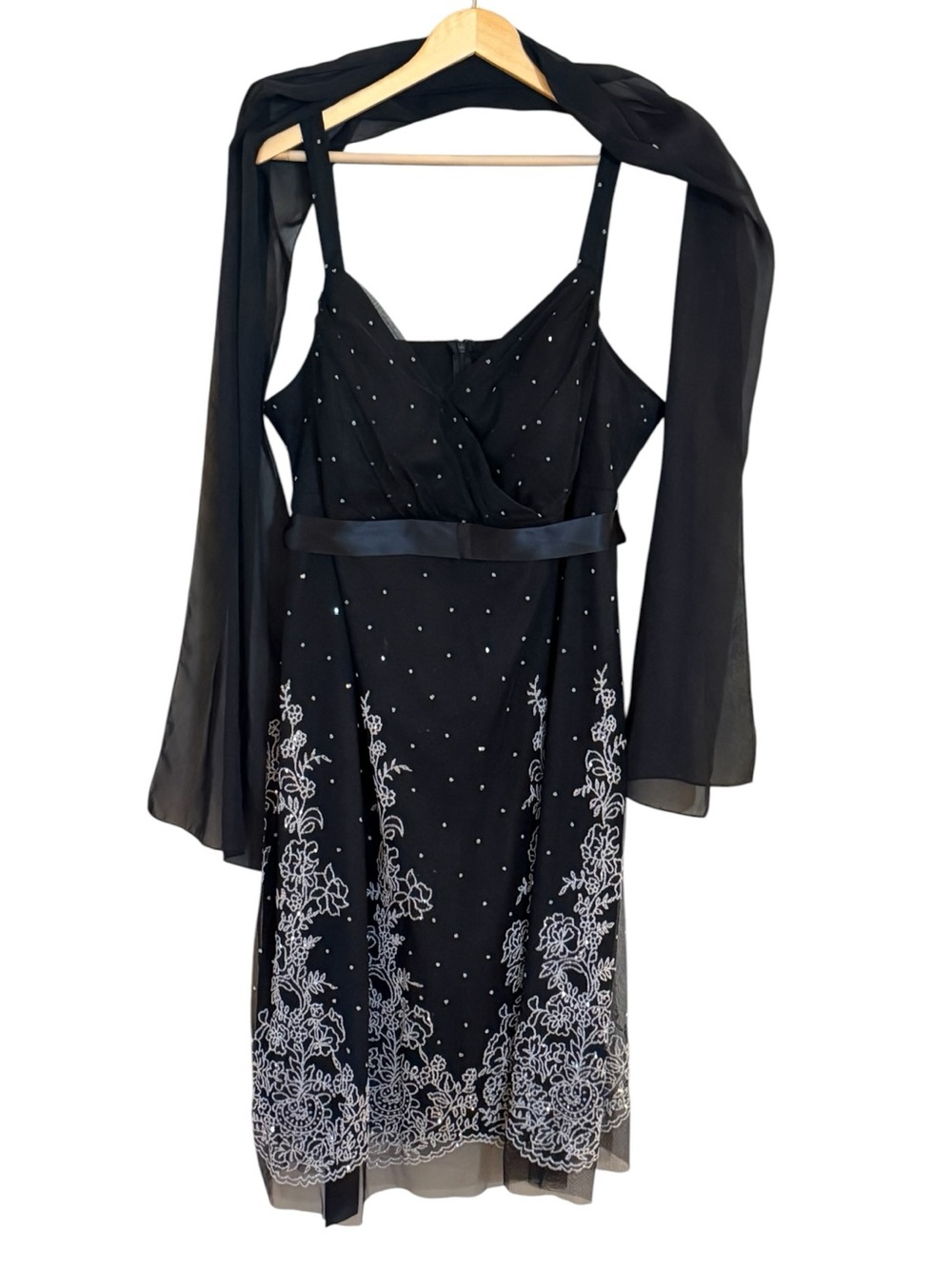 Black sparkle Floral Evening Cocktail Dress with Sheer Wrap